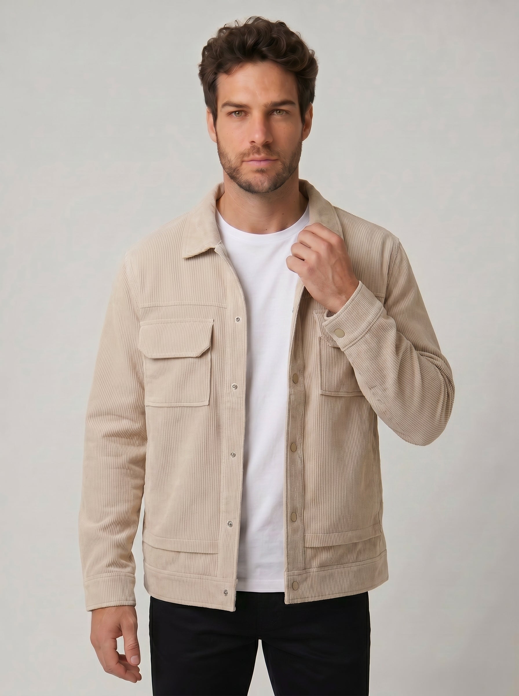 JAQUETA OVERSHIRT COTELÊ BEGE ZIGMA